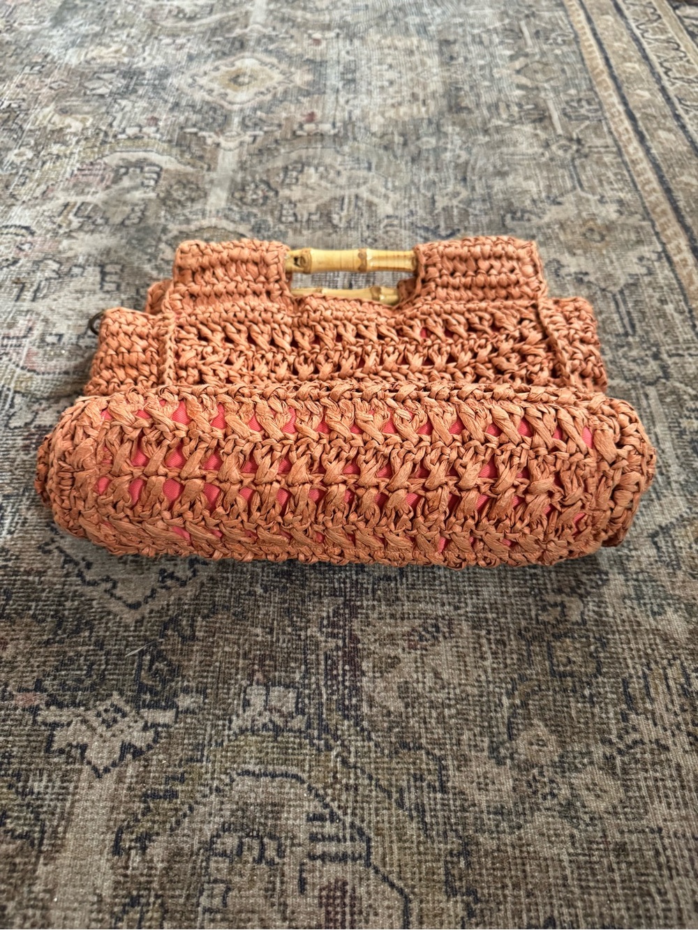 FREE PEOPLE Woven Orange Straw Clutch Bag Bamboo Handles - Picture 3 of 8